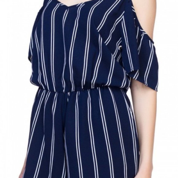 Pinstripe Cold Shoulder Romper Jumpsuit Shorts - Picture 4 of 7